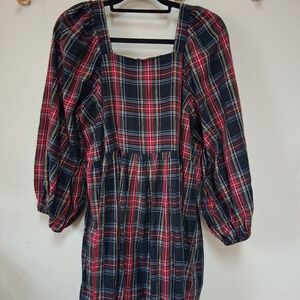 Handmade Plaid Long Puff Sleeve Womens Dress